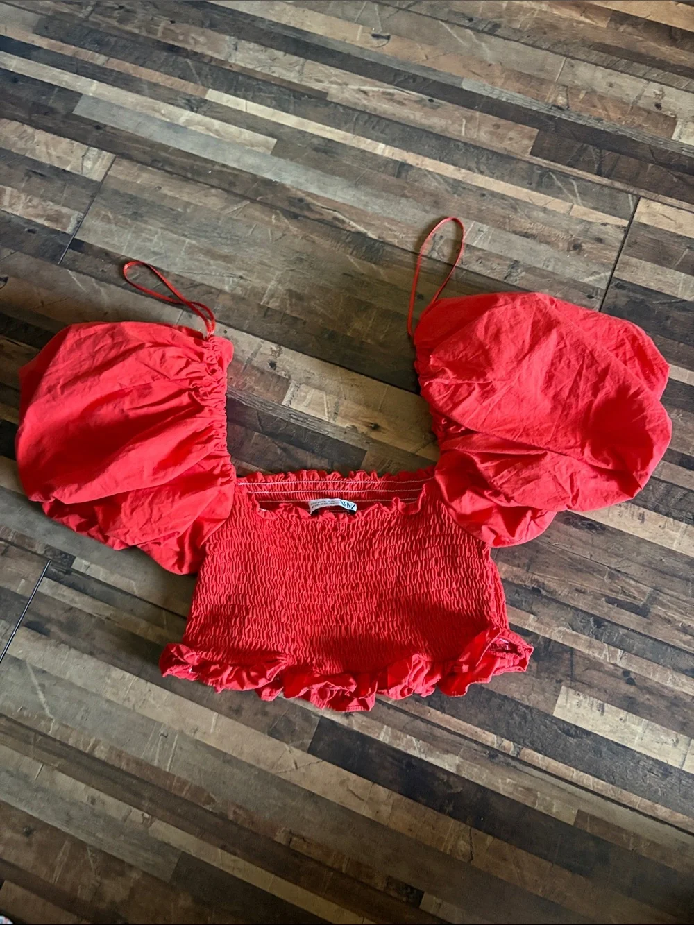 Zara Red Puff-Sleeve Smocked Crop Top